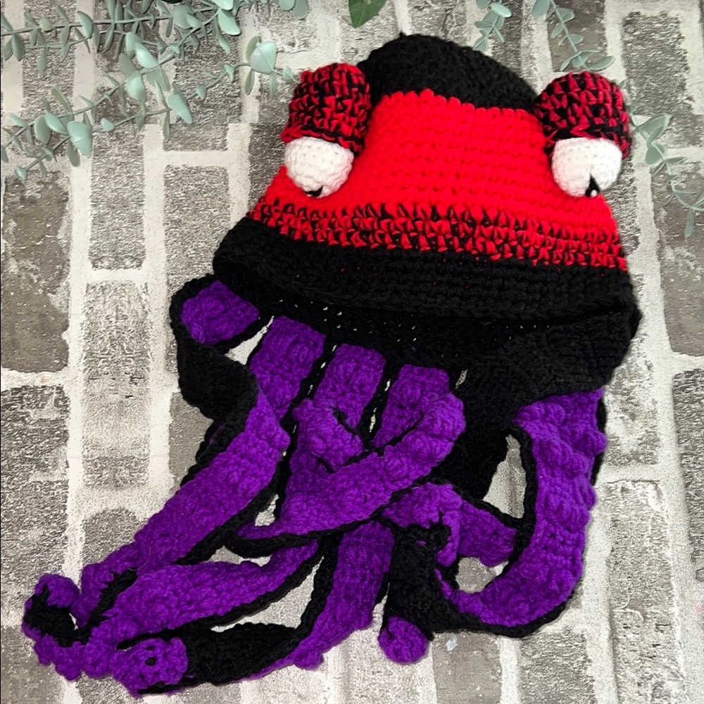 Red and Purple Crochet Octopus Hat